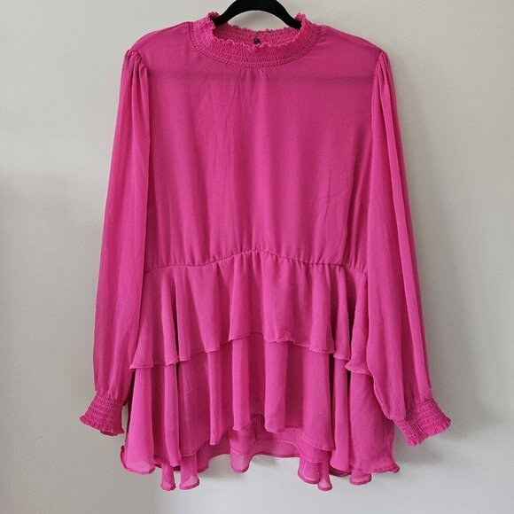 Torrid Top 3X Pink Babydoll Semi Sheer High Smocked NeckCuffs Long Sleeve Ruffle - Picture 15 of 16